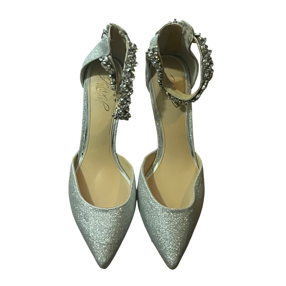 Jewel Badgley Mischka Silver Glitter Crystal Ankle Strap dOrsay Pumps 8W Wide